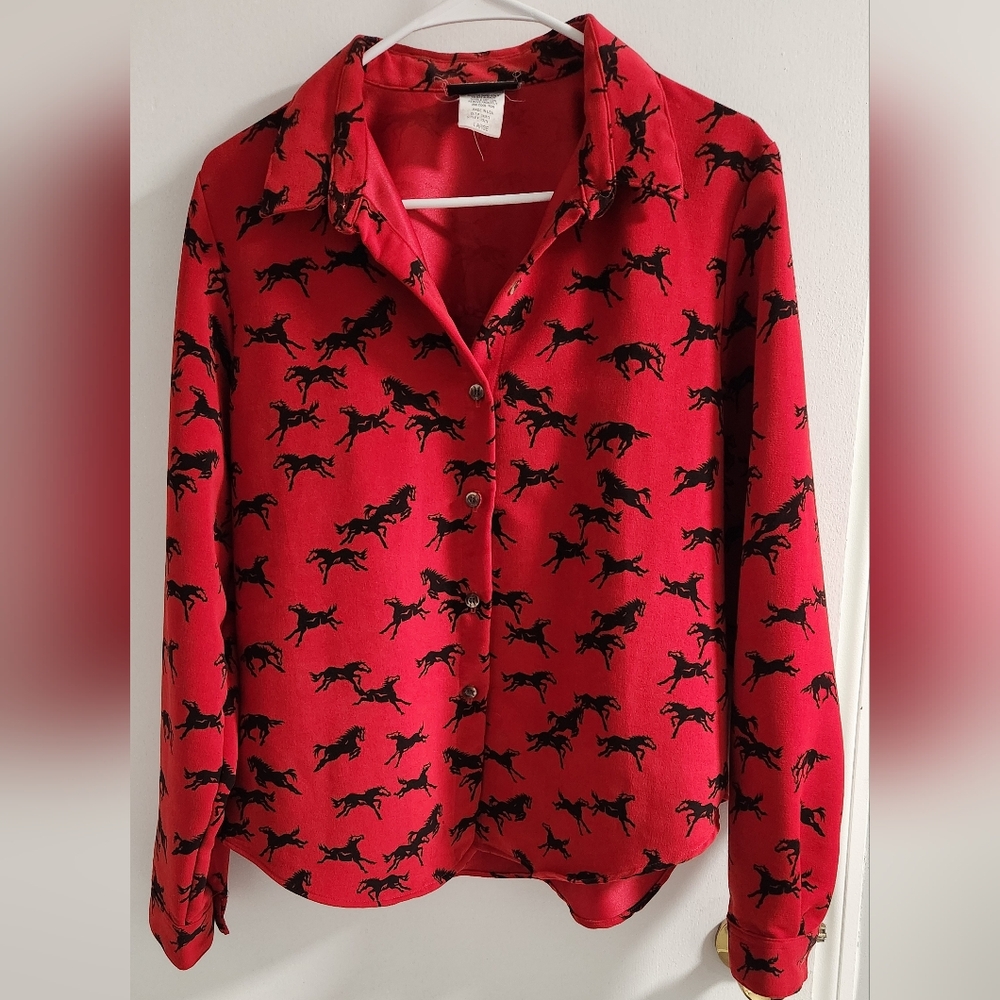 Roughrider Ladies Red Horse Print Button-Up Shirt, Size L